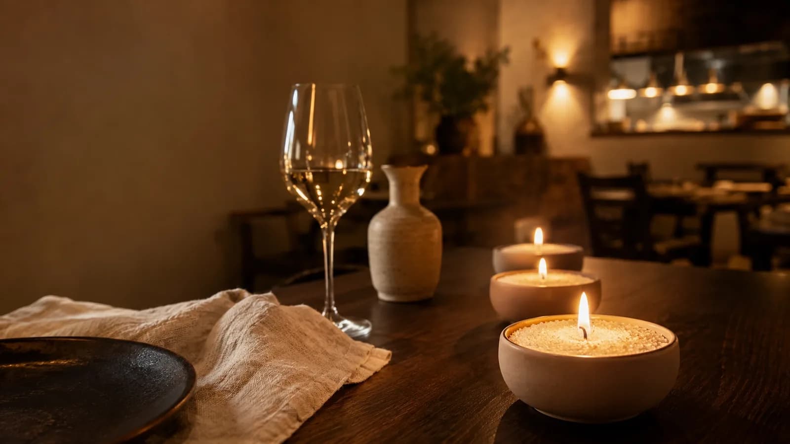 Bougies de sable allumées sur une table de restaurant, à côté d'un verre de vin