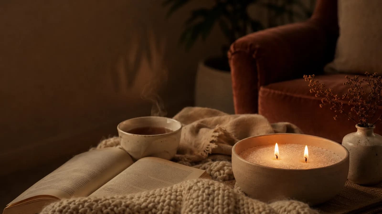 Bougie de sable à deux mèches près d'un fauteuil, d'un livre ouvert et d'une tasse de thé