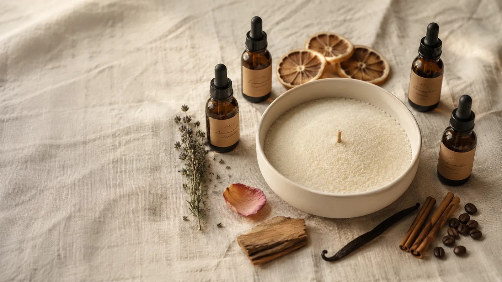 Bougie de sable entourée de flacons de fragrance, d'agrumes séchés et d'épices