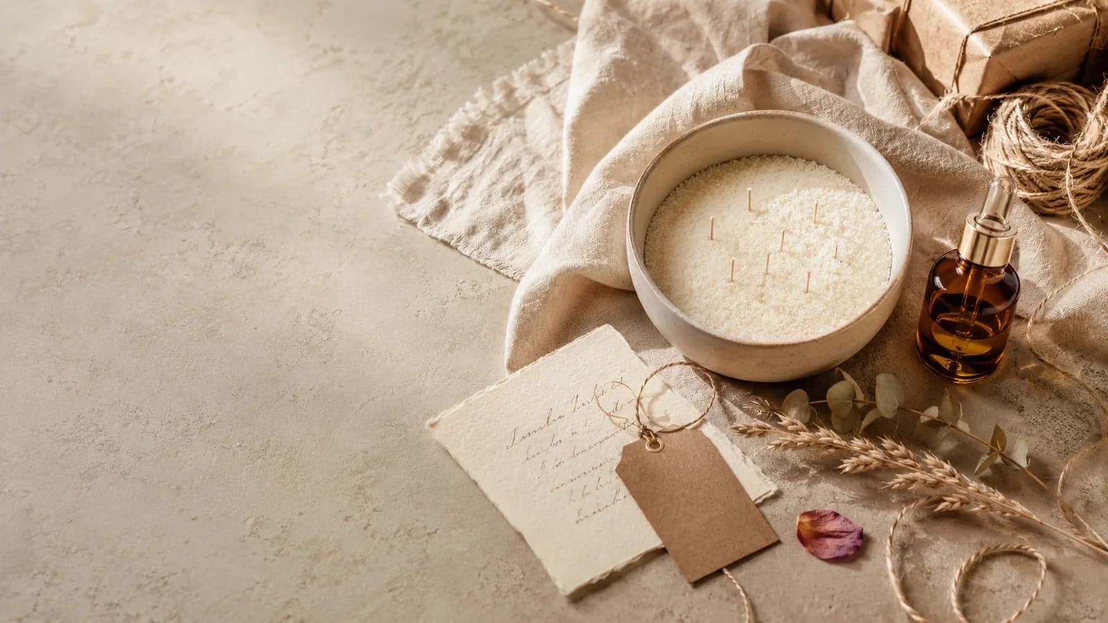Coupe de sable de bougie emballée pour un cadeau, avec étiquette, ficelle et petit mot